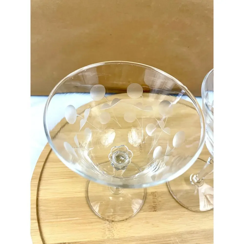 VTG Set of 2 Clear Carlton Champagne Glasses‎ Martini Stem Libbey Glass Etched
